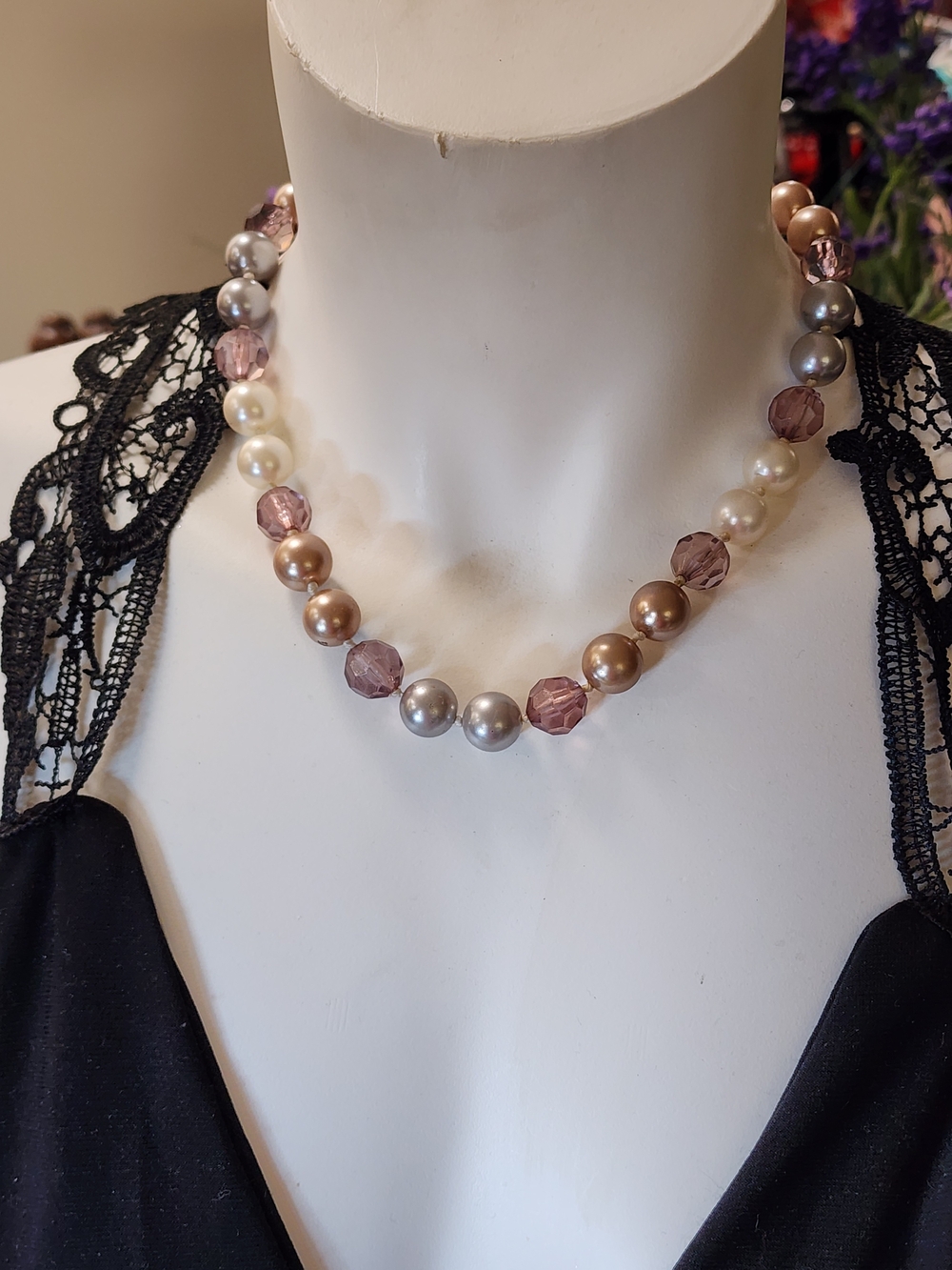 Classic Multi-Tone Pearl Necklace in Blush, Champagne & Silver Colors